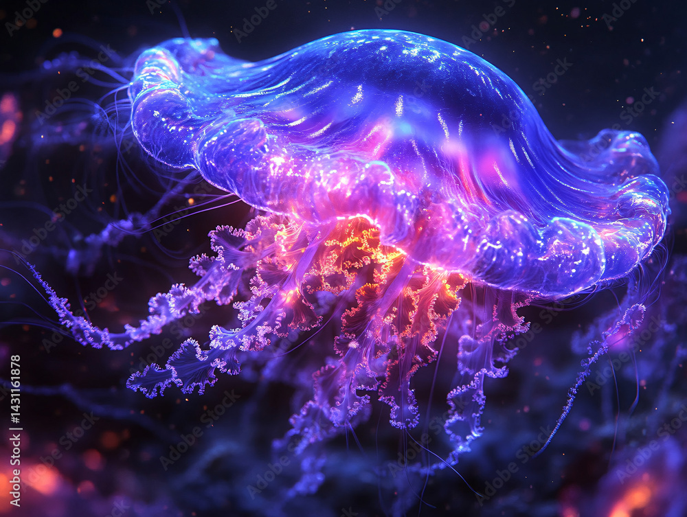 Naklejka premium Close-up of a luminous jellyfish suspended in dark ocean.