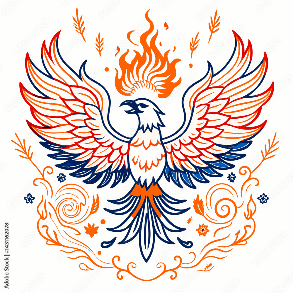 Fototapeta premium Stylized Phoenix Bird Line Art Illustration with Fire and Decorative Swirls, Mythology Emblem