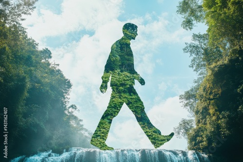 Obraz na płótnie Creative Waterfall Illustration of a Human Figure Walking Through a Lush Forest Representing the Force of Nature Generative AI w salonie