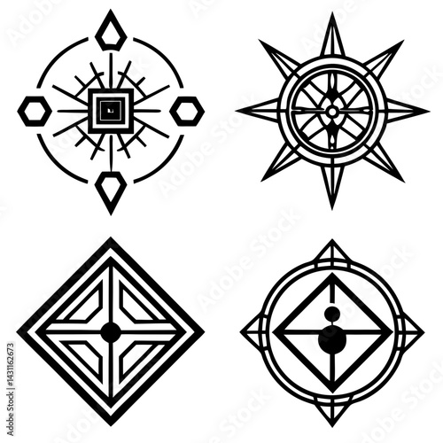 Four Geometric Symbols - Mystical Line Art Icons for Tattoo Designs, Logo Elements, or Esoteric Graphics