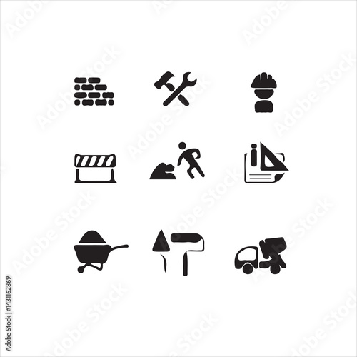 Simple Black and White Construction Icons Set for Design Projects