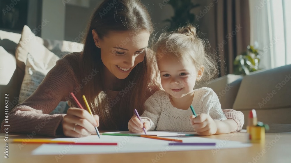 A heartwarming scene of a mother and daughter engrossed in drawing together A heartwarming scene of a mother and daughter engrossed in drawing together