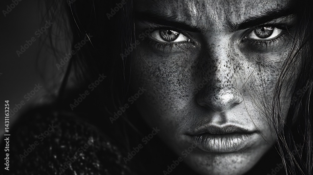 Freckled Face: A Dramatic Black and White Portrait Freckled Face: A Dramatic Black and White Portrait