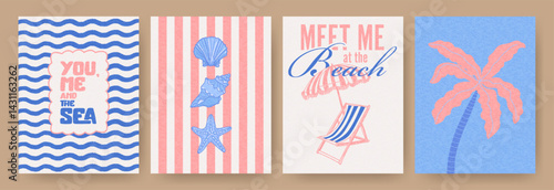 Abstract summer poster or card set in art doodle style with hand drawn wavy lines, seashells, beach chair and umbrella, palm tree, ocean sea. Trendy summer design for branding, ads, print, decor