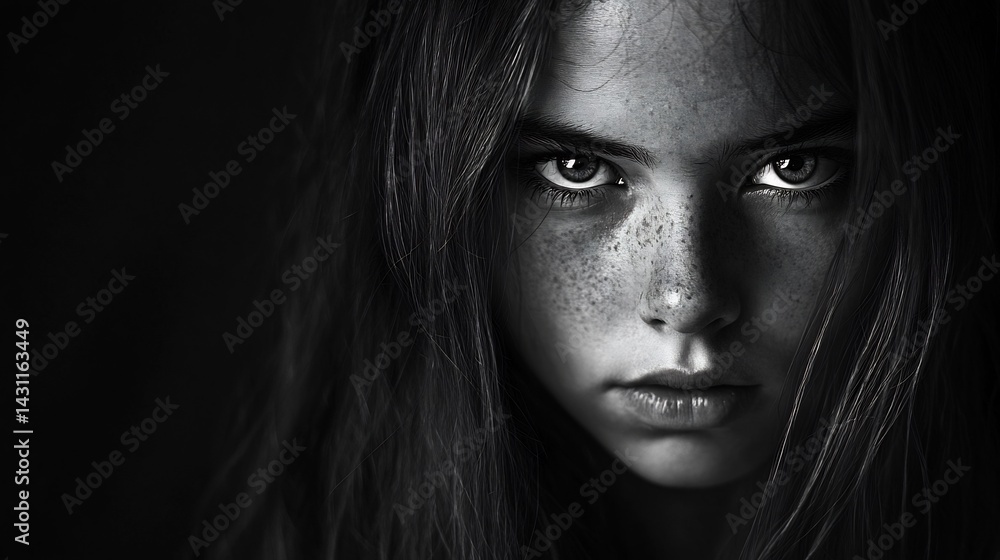 Intense Girl Portrait: Freckles, Dark Hair, Monochrome Mood Intense Girl Portrait: Freckles, Dark Hair, Monochrome Mood