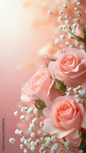 A delicate arrangement of light pink roses and tiny white baby's breath blooms against a soft, neutral pastel background with a radiant glow, creating a serene scene.
