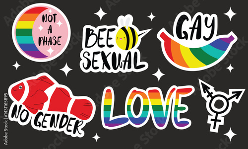 Cute doodle style pride stickers isolated on a dark background. Hand drawn vector illustrations