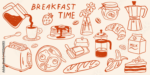 Hand drawn breakfast doodles set. Vector illustration of food and coffee icons in chalk, crayon drawing style for invitations, menus, parties. Minimalist line art. La dolce vita italian style.  