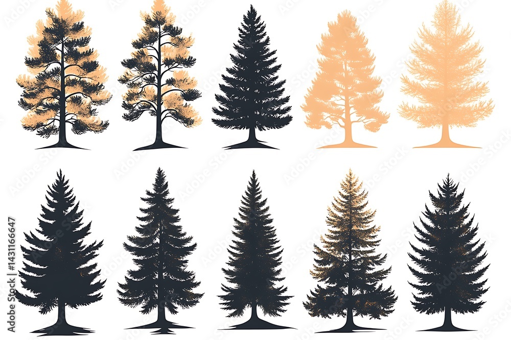 Obraz premium Silhouetted Evergreen Trees Collection, Ten Pine Tree Illustrations, Botanical Nature