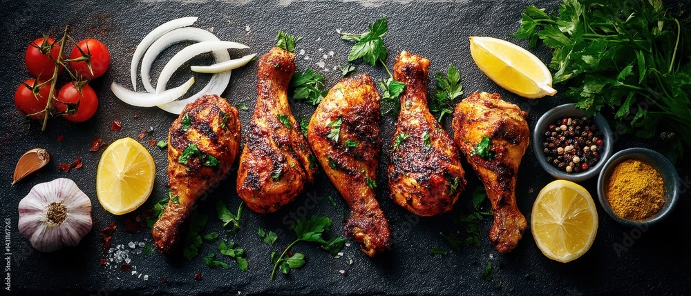 Delicious grilled chicken legs with fresh herbs and spices on a rustic dark stone background culinary delight savory meal preparation food photography