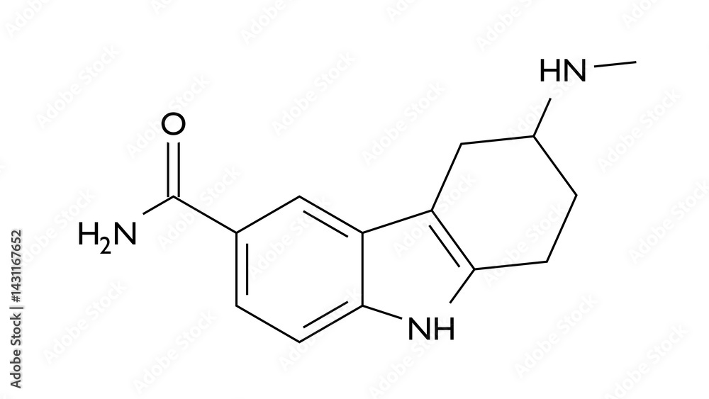frovatriptan molecule, structural chemical formula, ball-and-stick model, isolated image antimigraine agents frovatriptan molecule, structural chemical formula, ball-and-stick model, isolated image antimigraine agents