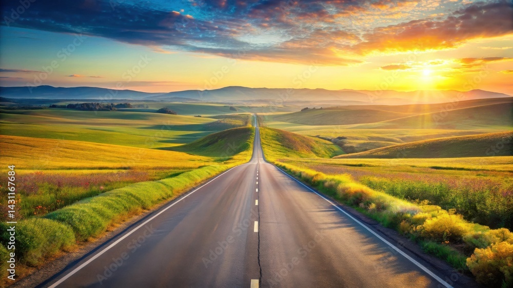 Naklejka premium Asphalt ribbon unfolds towards a vibrant sunset, traversing rolling hills and sun-kissed fields, a picturesque journey ahead