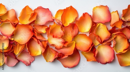 A beautiful scatter of vibrant rose petals in shades of orange and pink creates a soft and romantic floral background perfect for special occasions and designs.