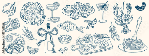 Hand drawn different mediterranean food set. Oysters, pasta, pizza, wine, charcuterie. Dolce vita table setting coast food drawings for cafe or restaurant menus design. Doodle sketch vector