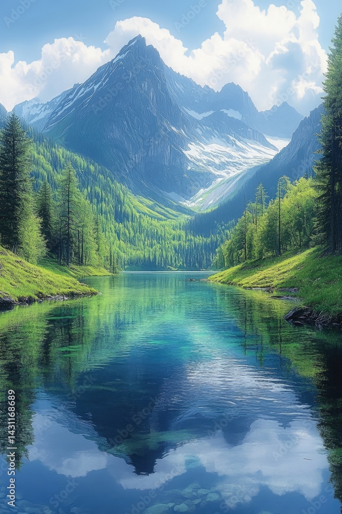 Fototapeta premium Mountain landscape with trees reflected in a calm lake on a sunny day.