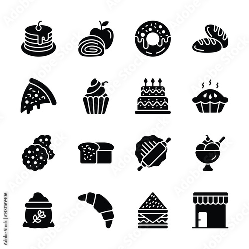 Grab this amazing glyph collection of bakery products icons