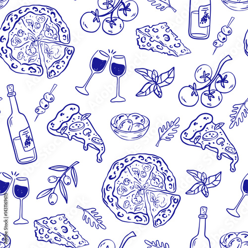 Hand drawn Mediterranean cuisine seamless pattern. Italy la dolce vita coast food coastal print, wrap paper, retro fabric, textile design. Doodle sketch crayon drawing style vector illustration.