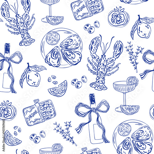 Hand drawn Mediterranean cuisine seamless pattern. Italy la dolce vita coast food coastal print, wrap paper, retro fabric, textile design. Doodle sketch crayon drawing style vector illustration.