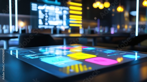 Wallpaper Mural Interactive table in futuristic restaurant.  High-tech touch screen displays various options for ordering and interacting with the environment.  Modern, vibrant lighting illuminates the space Torontodigital.ca