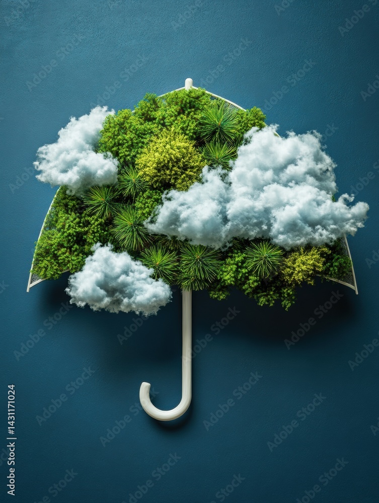 Creative Umbrella Design Features Pine Tree Canopy and Clouds Showcasing a Nature-Inspired Shelter Concept Generative AI