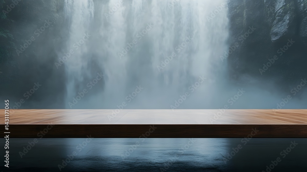 Clean wooden counter fades gently into soft background mist from distant waterfall, captured in calm daylight to reflect minimalist design, quiet interior mood, and natural freshness.