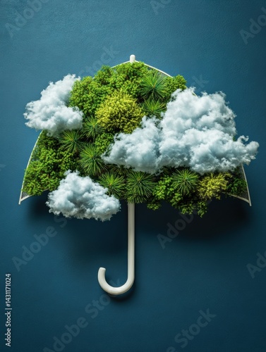 Obraz na płótnie Creative Umbrella Design Features Pine Tree Canopy and Clouds Showcasing a Nature-Inspired Shelter Concept Generative AI w salonie