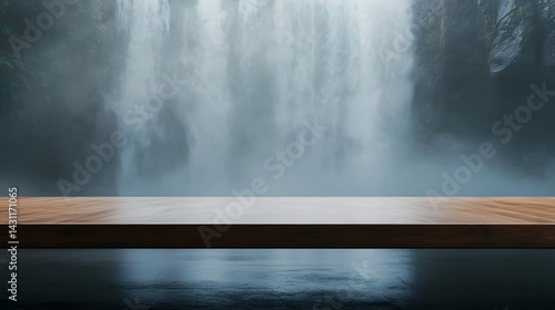 Obraz na płótnie Clean wooden counter fades gently into soft background mist from distant waterfall, captured in calm daylight to reflect minimalist design, quiet interior mood, and natural freshness. w salonie