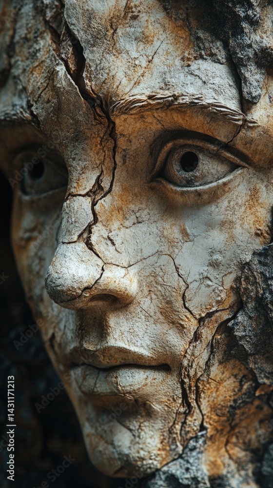 Close-up of a cracked stone statue face with visible weathering and erosion. Close-up of a cracked stone statue face with visible weathering and erosion.