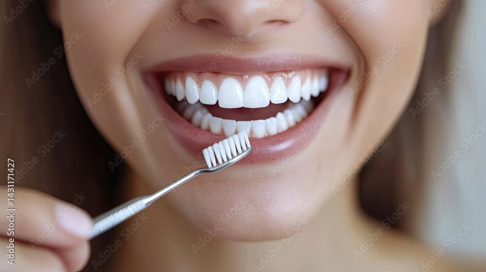 Naklejka premium A smiling woman with brown hair sits in a dental chair