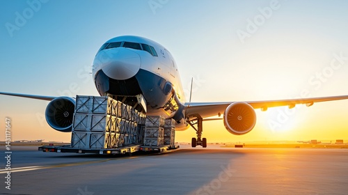 Export-oriented cargo plane lit by direct noon sun, front ramp lowered and revealing interior, bold metal crates stacked for loading, polished logistics visual for stock photo