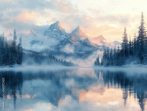 Snowy mountains and trees reflected in a calm lake with mist and clouds.