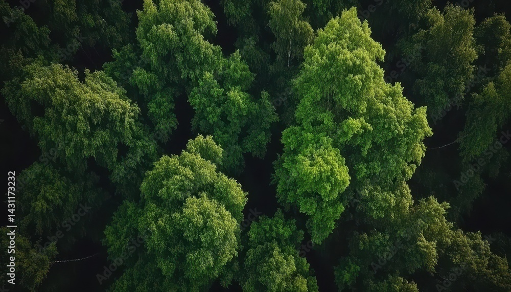 Naklejka premium Dense forest canopy, vibrant green trees, lush foliage. Aerial view of a forest