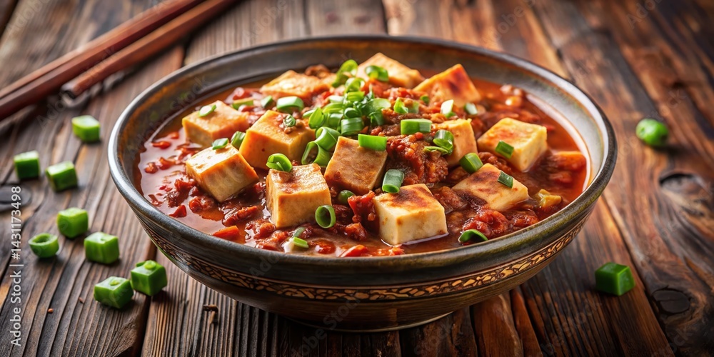 Aerial View of Spicy Mapo Tofu in a Bowl, Restaurant Setting, Drone Shot
