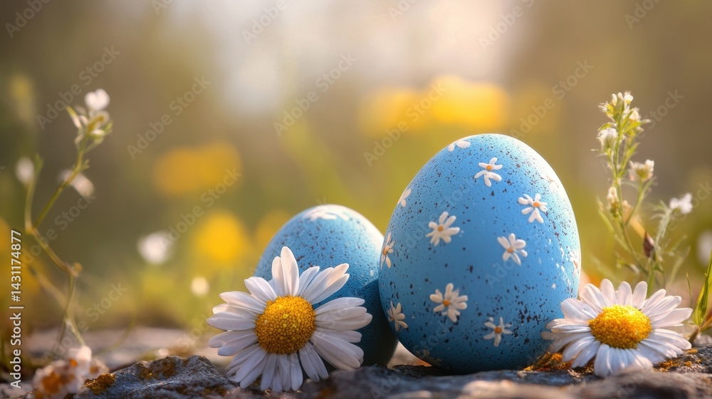 Serene Easter Still Life with Blue Eggs and Daisies in a Sunny Meadow Capturing Spring Joy and Festive Spirit with a Low Angle Serene Easter Still Life with Blue Eggs and Daisies in a Sunny Meadow Capturing Spring Joy and Festive Spirit with a Low Angle