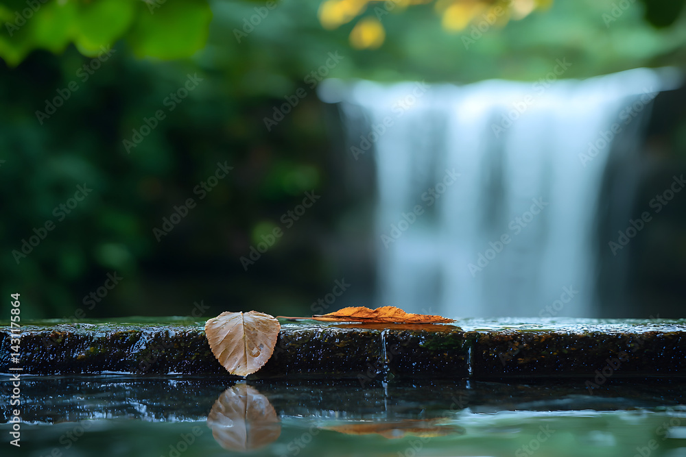 Close-up of fallen leaves resting gently on a smooth wooden counter with a soft waterfall flowing in the background, captured outdoors in daylight to reflect calm nature and tranquil textures.