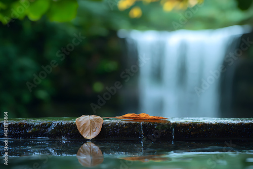 Obraz na płótnie Close-up of fallen leaves resting gently on a smooth wooden counter with a soft waterfall flowing in the background, captured outdoors in daylight to reflect calm nature and tranquil textures. w salonie