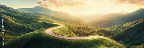 Winding Road Like a Pine Branch Through Mountainous Terrain at Sunset Inviting Nature Lovers for an Adventure Generative AI