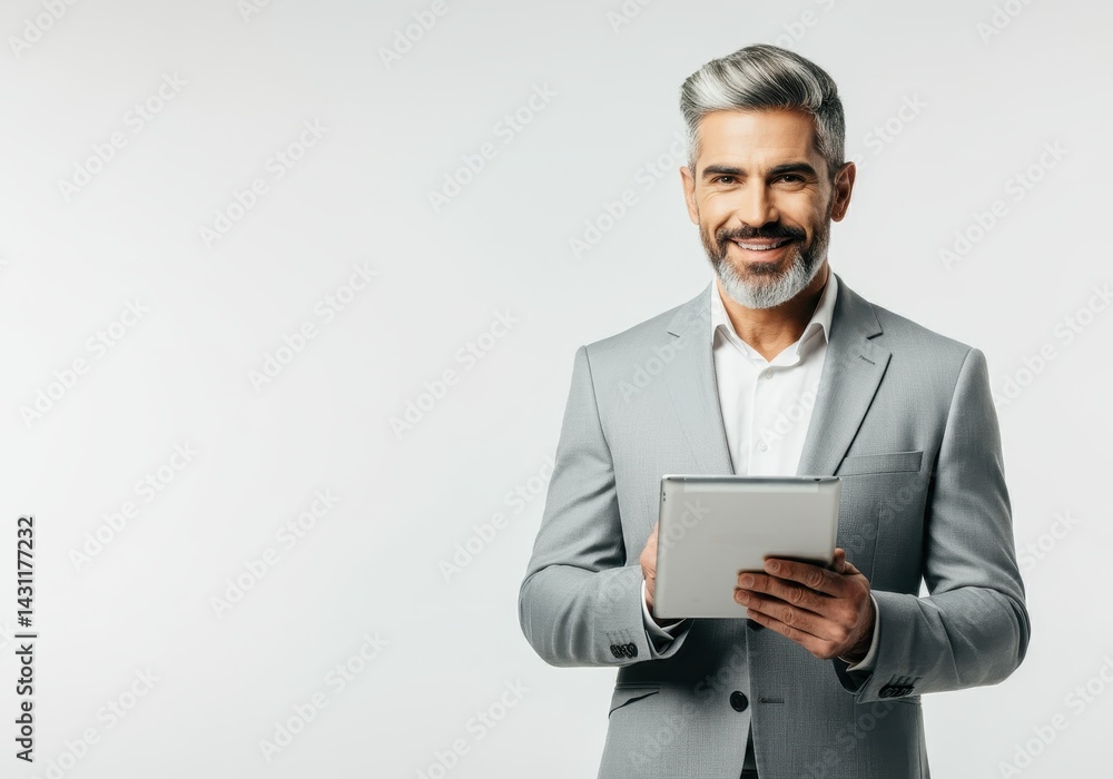 Smiling businessman holding tablet device Smiling businessman holding tablet device