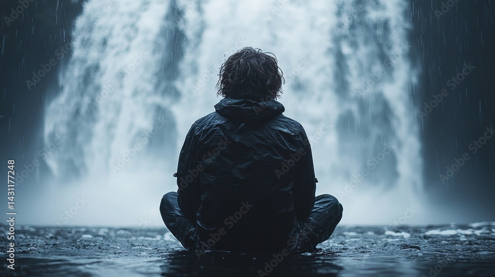 Obraz premium Person Meditating Near Waterfall in the Rain for Peaceful Contemplation