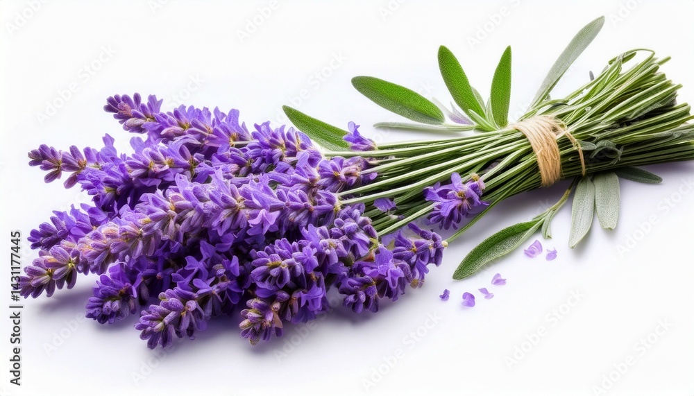 Naklejka premium a delicate bunch of lavender flowers with small purple blossoms and green leaves isolated on a white background