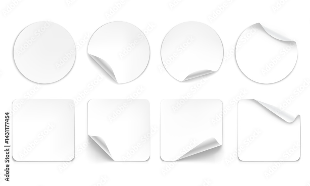 Vector realistic round and square sticker with curled edges and shadow isolated on transparent background. Mockup of adhesive sticker for design. Label, price tag template. Vector realistic round and square sticker with curled edges and shadow isolated on transparent background. Mockup of adhesive sticker for design. Label, price tag template.