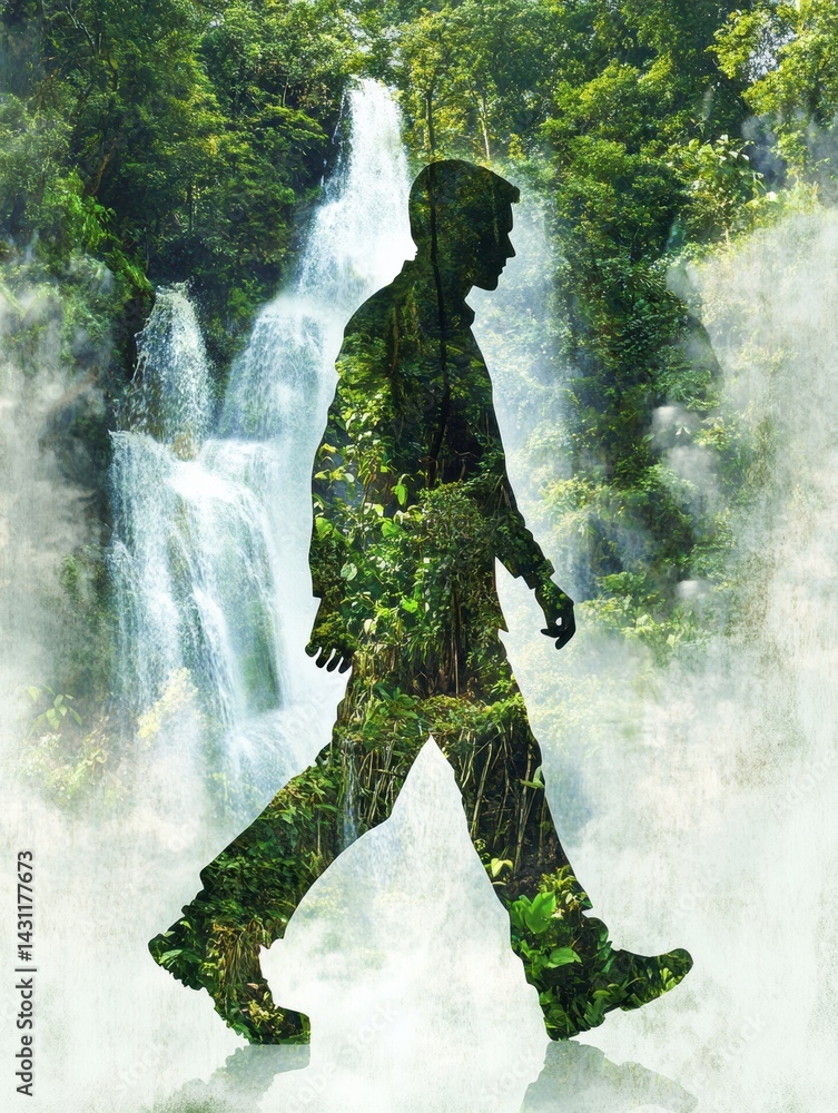 Creative Illustration of a Waterfall Forming a Human Figure in a Lush Forest, Showcasing Natures Harmony and Beauty in a Unique Concept Generative AI