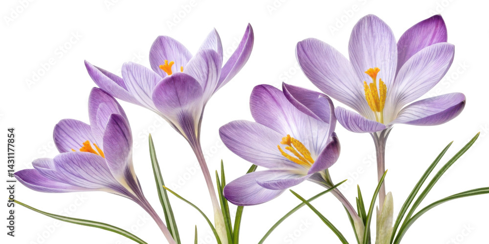 Fototapeta premium Crocus flowers bloom beautifully in shades of purple, showcasing their delicate petals and vibrant yellow stamens, creating stunning display