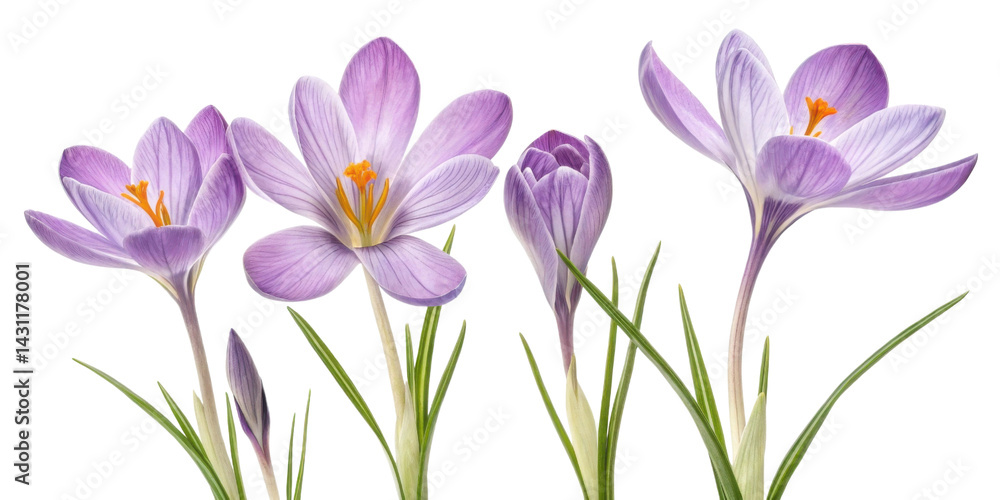 Naklejka premium Crocus flowers bloom beautifully in shades of purple, showcasing their delicate petals and vibrant centers, bringing joy to any garden