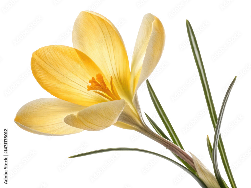 Fototapeta premium beautiful crocus flower with delicate yellow petals and green leaves stands gracefully, symbolizing arrival of spring