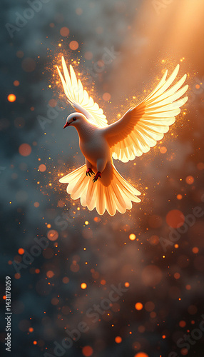Wallpaper Mural Glowing white dove flying through mystical sparkles and golden light in a dark dreamy sky Torontodigital.ca