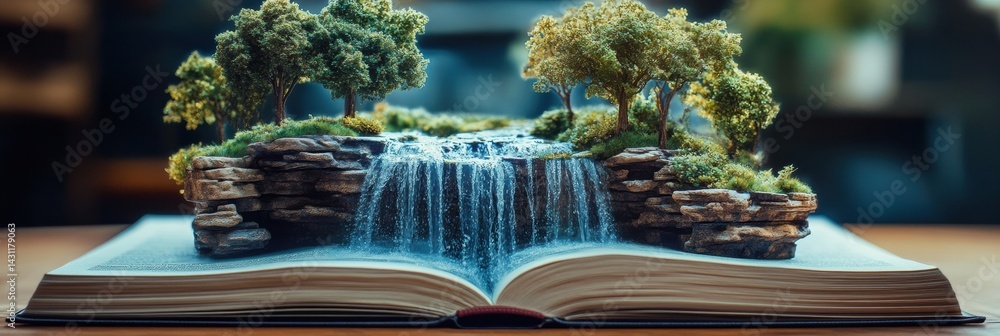 Creative Waterfall Flows From a Book Showcasing Nature and Knowledge in an Imaginative Landscape Generative AI