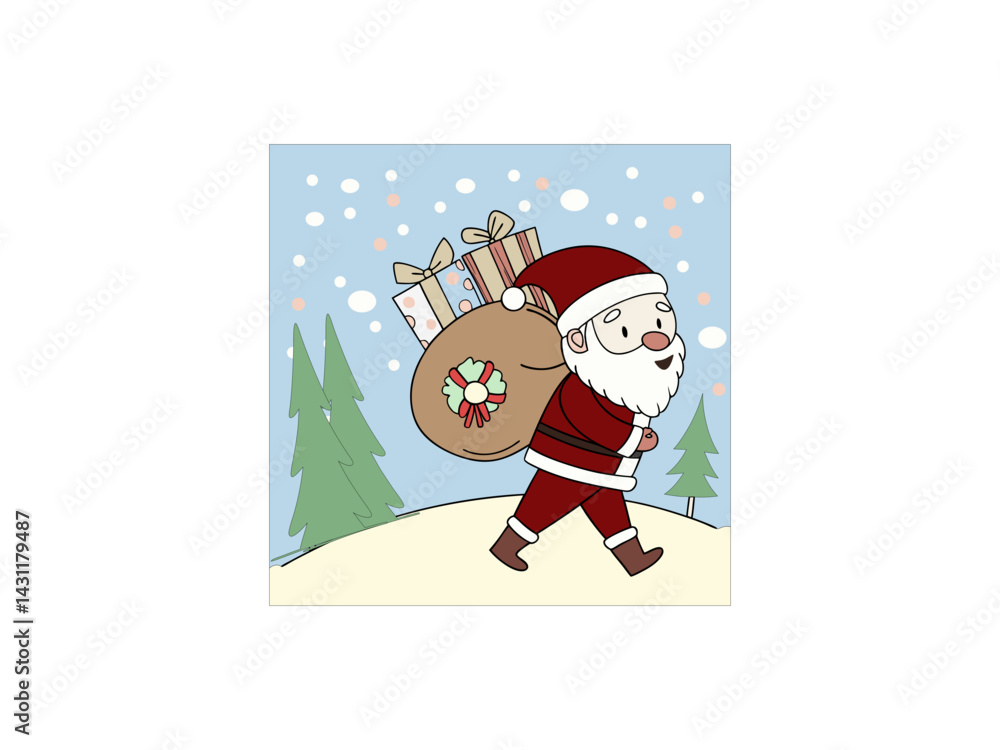 A cartoon depiction of Santa Claus walking across a snowy landscape, carrying a large sack filled with gifts.