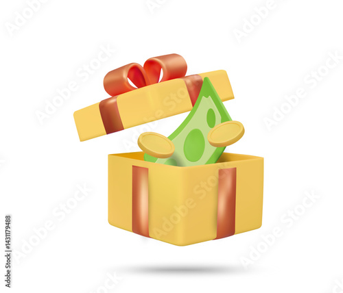 3d illustration vector render of opened gift box icon with banknotes and coins isolated on white. Concept of bonus reward, gift money, prize, financial gift, festival reward, lucky box, promotion