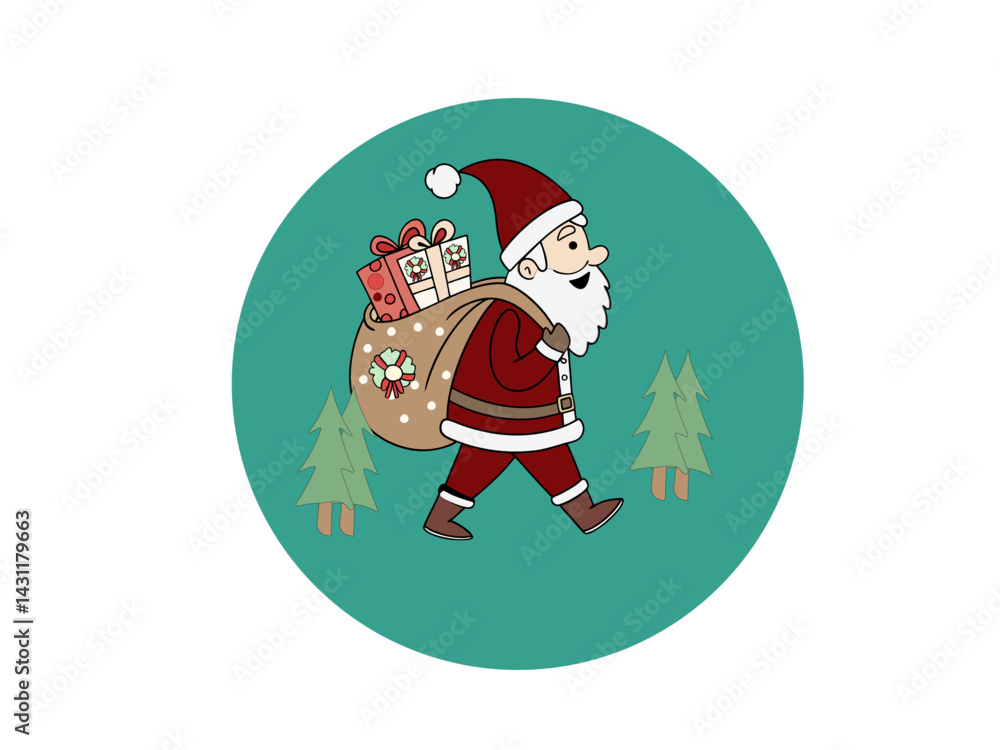 A cartoon depiction of Santa Claus walking across a snowy landscape, carrying a large sack filled with gifts.